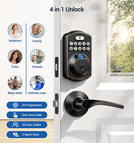 Veise Fingerprint Door Lock with 2 Lever Handles - Keyless Entry Door Lock, Electronic Keypad Deadbolt & Front Door Lock Handle Sets, Auto Lock & 1 Touch Locking, Easy Installation, Oil Rubbed Bronze