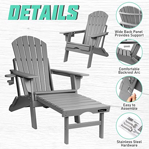 Adjustable Backrest Adirondack Chair,Folding Adirondack Chairs,Plastic Adirondack Chairs with Ottoman,Weather Resistant Adirondack Chair, Fire Pit Chairs with Cup Holder,Resin Adirondack Chairs