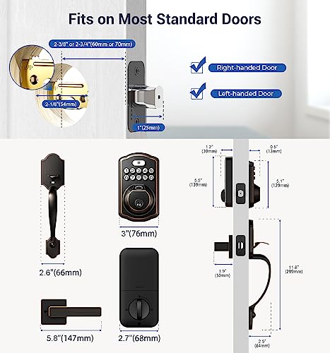 Veise Fingerprint Door Lock Set, Keyless Entry Door Lock, Front Door Handle Sets, Electronic Keypad Deadbolt with Lever Handle, 2 Keys, Auto Lock, Code Door Lock, Easy Installation, Oil Rubbed Bronze