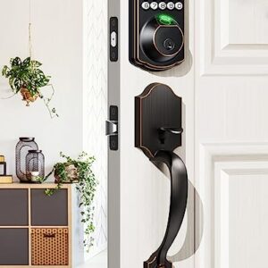 Veise Fingerprint Door Lock Set, Keyless Entry Door Lock, Front Door Handle Sets, Electronic Keypad Deadbolt with Lever Handle, 2 Keys, Auto Lock, Code Door Lock, Easy Installation, Oil Rubbed Bronze