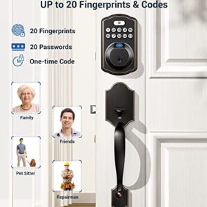 Veise Fingerprint Door Lock Set, Keyless Entry Door Lock, Front Door Handle Sets, Electronic Keypad Deadbolt with Lever Handle, 2 Keys, Auto Lock, Code Door Lock, Easy Installation, Oil Rubbed Bronze