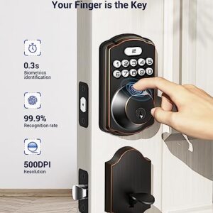 Veise Fingerprint Door Lock Set, Keyless Entry Door Lock, Front Door Handle Sets, Electronic Keypad Deadbolt with Lever Handle, 2 Keys, Auto Lock, Code Door Lock, Easy Installation, Oil Rubbed Bronze