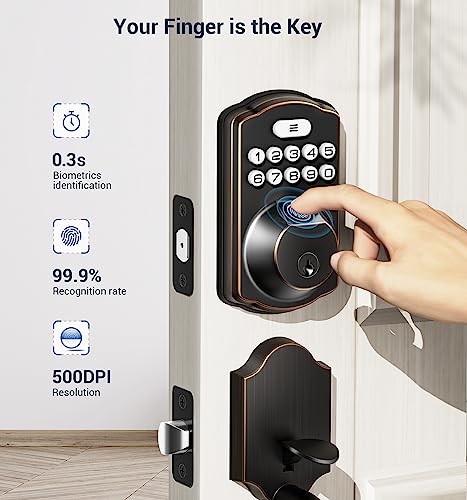 Veise Fingerprint Door Lock Set, Keyless Entry Door Lock, Front Door Handle Sets, Electronic Keypad Deadbolt with Lever Handle, 2 Keys, Auto Lock, Code Door Lock, Easy Installation, Oil Rubbed Bronze