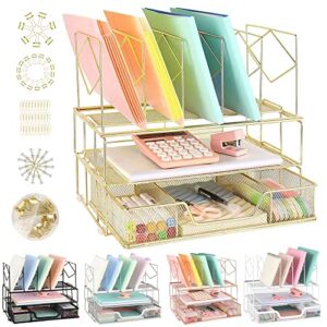 youbetia desk organizers and accessories - double tray and 5 upright sections, office supplies desk organizer with drawer, file office organization with binder clips, gold