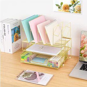 Youbetia Desk Organizers and Accessories - Double Tray and 5 Upright Sections, Office Supplies Desk Organizer with Drawer, File Office Organization with Binder Clips, Gold