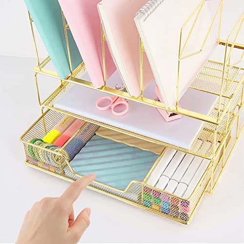 Youbetia Desk Organizers and Accessories - Double Tray and 5 Upright Sections, Office Supplies Desk Organizer with Drawer, File Office Organization with Binder Clips, Gold