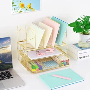 Youbetia Desk Organizers and Accessories - Double Tray and 5 Upright Sections, Office Supplies Desk Organizer with Drawer, File Office Organization with Binder Clips, Gold