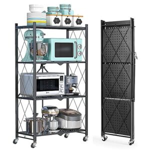 mydenimsky 4 tier storage shelf, heavy duty foldable shelving units with wheels, metal storage rack, wire shelving units no assemble required, moving easily great for laundry garage kitchen, black