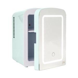 paris hilton mini refrigerator and personal beauty fridge, mirrored door with dimmable led light, thermoelectric cooling and warming function for all cosmetics and skincare needs, 4-liter, aqua