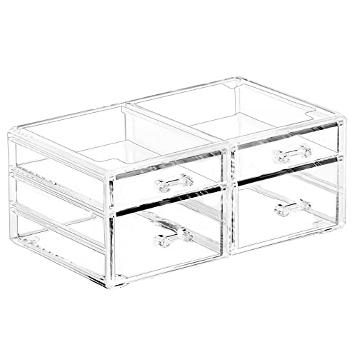 Clear Drawer Organizers Stackable 4 Drawers Acrylic Makeup Organizers under the sink organizer bathroom For Jewelry Hair Accessories Nail Polish Lipstick Make up Marker Pen Medicine Organizing