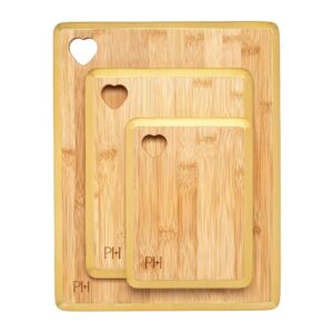 paris hilton reversible bamboo cutting board set with heart shaped cut-out design, glamorous gold edge detail and multiple board sizes, 3-pieces, gold