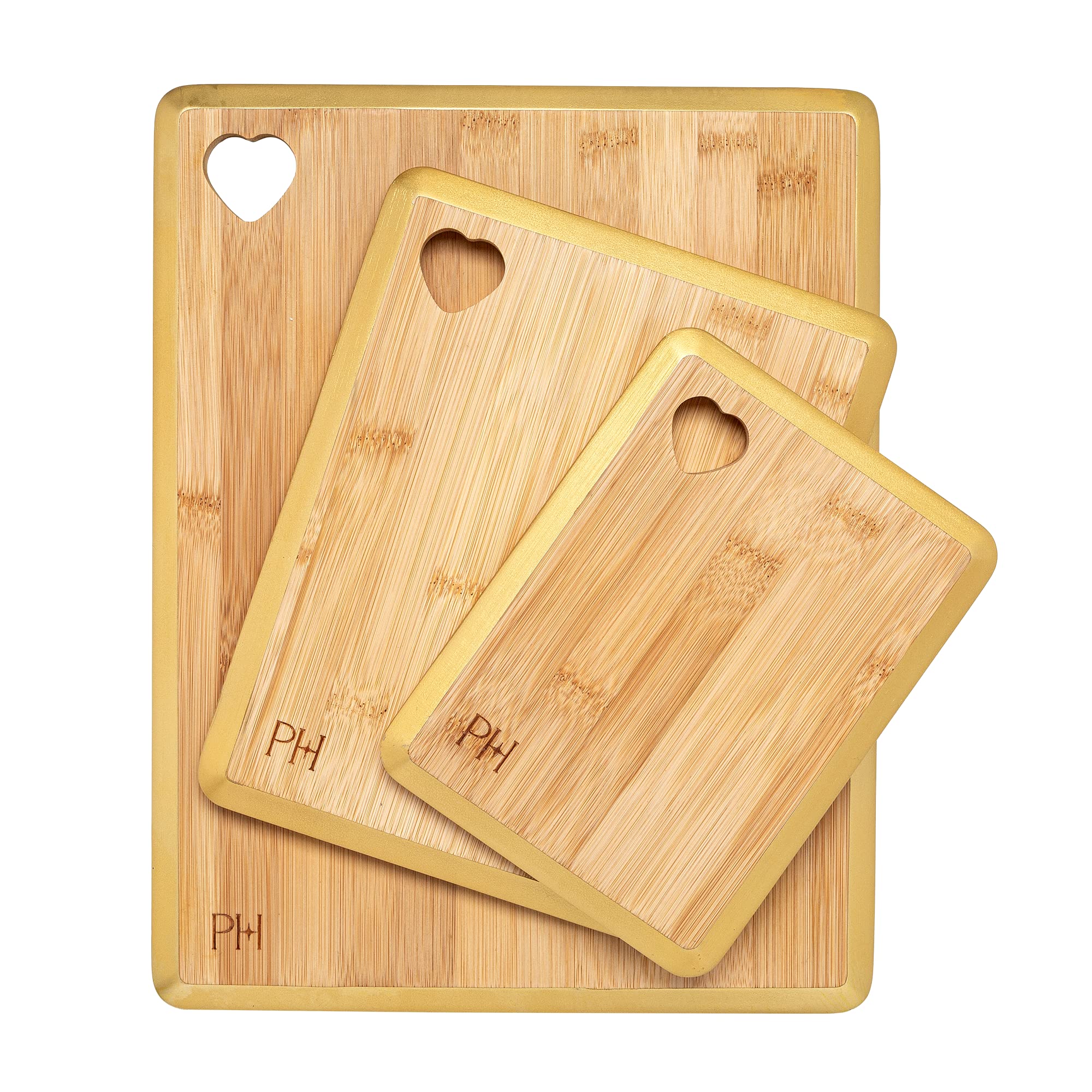 Paris Hilton Reversible Bamboo Cutting Board Set with Heart Shaped Cut-Out Design, Glamorous Gold Edge Detail and Multiple Board Sizes, 3-Pieces, Gold