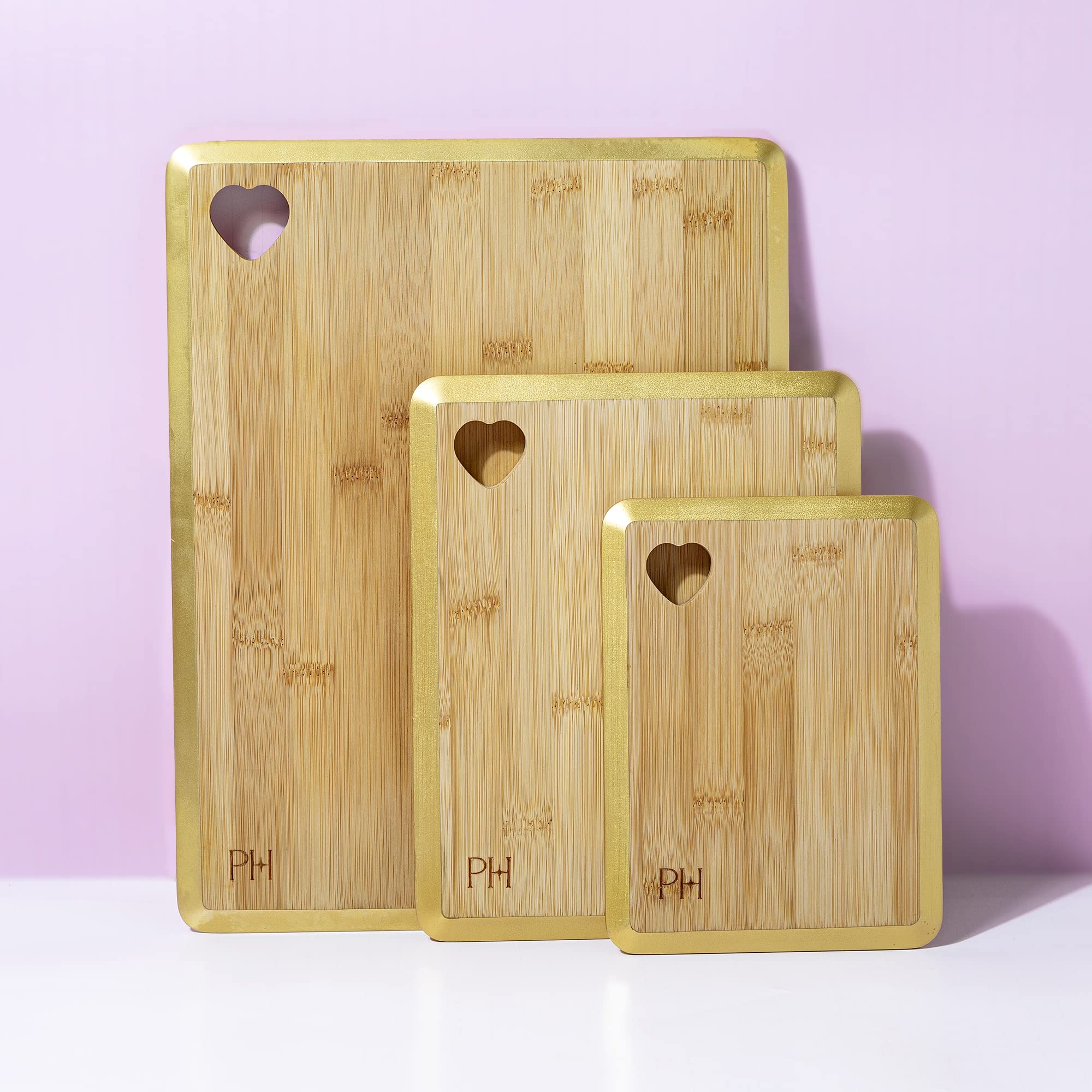 Paris Hilton Reversible Bamboo Cutting Board Set with Heart Shaped Cut-Out Design, Glamorous Gold Edge Detail and Multiple Board Sizes, 3-Pieces, Gold