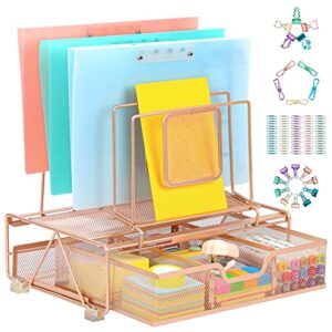 beiz rose gold desk organizer and accessories storage with 5 stacking file folder sorter, paper tray, drawer, 60 colorful clips set (included), desktop organization for women office