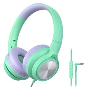 LORELEI E7 Kids Headphones with Microphone,On-Ear Wired Headset for Children/Boys/Girls,85/94dB Safe Volume,Foldable&Rotatable3.5mm Audio Jack Tangle-Free for School/iPad/Laptop/Travel (Green&Purple)