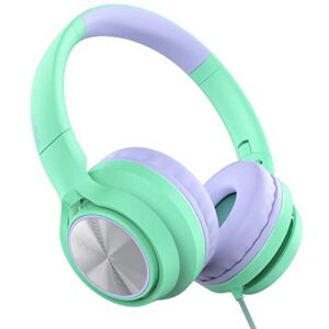 lorelei e7 kids headphones with microphone,on-ear wired headset for children/boys/girls,85/94db safe volume,foldable&rotatable3.5mm audio jack tangle-free for school/ipad/laptop/travel (green&purple)