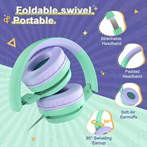 LORELEI E7 Kids Headphones with Microphone,On-Ear Wired Headset for Children/Boys/Girls,85/94dB Safe Volume,Foldable&Rotatable3.5mm Audio Jack Tangle-Free for School/iPad/Laptop/Travel (Green&Purple)