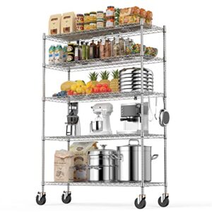 luxspire wire shelving with wheels,3000lb heavy duty commercial-grade adjustable storage shelves, nsf-certified metal shelving utility rack, kitchen garage basement shelf,5-tier 48x18x72 in, chrome
