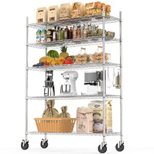 Luxspire Wire Shelving with Wheels,3000LB Heavy Duty Commercial-Grade Adjustable Storage Shelves, NSF-Certified Metal Shelving Utility Rack, Kitchen Garage Basement Shelf,5-Tier 48x18x72 in, Chrome