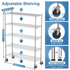 Luxspire Wire Shelving with Wheels,3000LB Heavy Duty Commercial-Grade Adjustable Storage Shelves, NSF-Certified Metal Shelving Utility Rack, Kitchen Garage Basement Shelf,5-Tier 48x18x72 in, Chrome