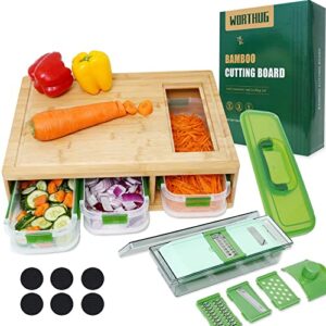 bamboo cutting board with containers, lids, graters, extra large kitchen cutting board set with stackable trays for meal prep & storage, chopping board with juice groove, easy-grip hollow handle