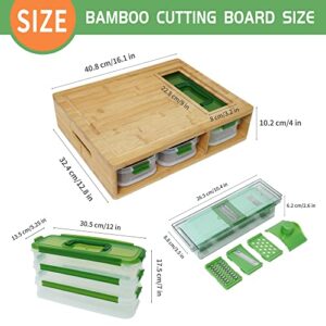 Bamboo Cutting Board with Containers, Lids, Graters, Extra Large Kitchen Cutting Board Set with Stackable Trays for Meal Prep & Storage, Chopping Board with Juice Groove, Easy-grip Hollow Handle