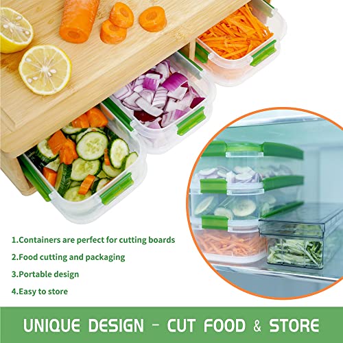 Bamboo Cutting Board with Containers, Lids, Graters, Extra Large Kitchen Cutting Board Set with Stackable Trays for Meal Prep & Storage, Chopping Board with Juice Groove, Easy-grip Hollow Handle