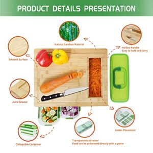 Bamboo Cutting Board with Containers, Lids, Graters, Extra Large Kitchen Cutting Board Set with Stackable Trays for Meal Prep & Storage, Chopping Board with Juice Groove, Easy-grip Hollow Handle