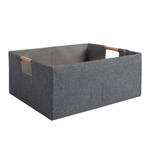 lamorée fabric storage bin box foldable cotton linen storage basket with wooden handles rectangular cube decorative home nursery laundry organizer clothes blanket container – gray, small