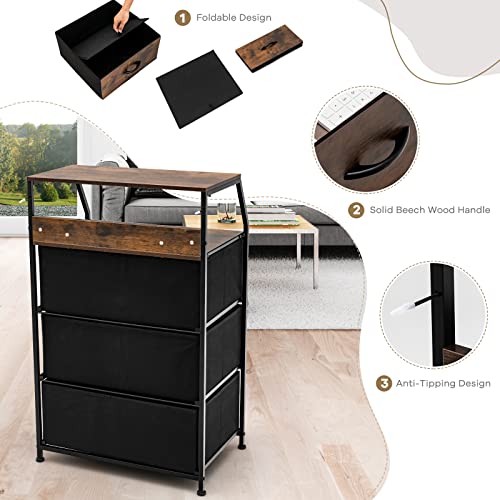 Giantex 3 Drawers Dresser, Storage Tower w/ 3 Foldable Fabric Drawers & Open Shelves, Wooden Top & Metal Frame, Anti-Tipping Design, Tall Storage Chest of Drawers for Bedroom, Hallway, Closet