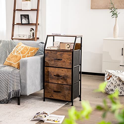 Giantex 3 Drawers Dresser, Storage Tower w/ 3 Foldable Fabric Drawers & Open Shelves, Wooden Top & Metal Frame, Anti-Tipping Design, Tall Storage Chest of Drawers for Bedroom, Hallway, Closet