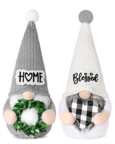 Upltowtme Farmhouse Crochet Gnomes Summer Blessed Home Swedish Tomte Gnomes with Greenery Stuffed Heart for Kitchen Room Tiered Tray Shelf Decorations Rustic Housewarming Birthday Idea 2PC