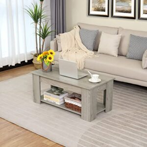 WEENFON 38" Lift Top Coffee Table with Hidden Compartment & Open Storage Shelf, Pop Up Coffee Table for Living Room, Office, Grey