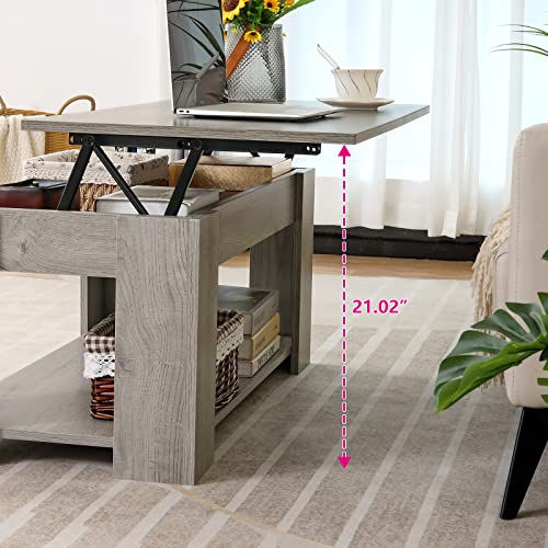 WEENFON 38" Lift Top Coffee Table with Hidden Compartment & Open Storage Shelf, Pop Up Coffee Table for Living Room, Office, Grey