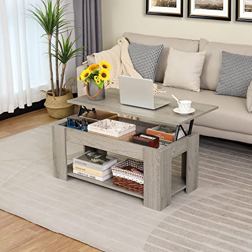 WEENFON 38" Lift Top Coffee Table with Hidden Compartment & Open Storage Shelf, Pop Up Coffee Table for Living Room, Office, Grey