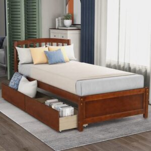 fuzofuiz twin platform storage bed wooden bed frame with two drawers and headboard (walnut)