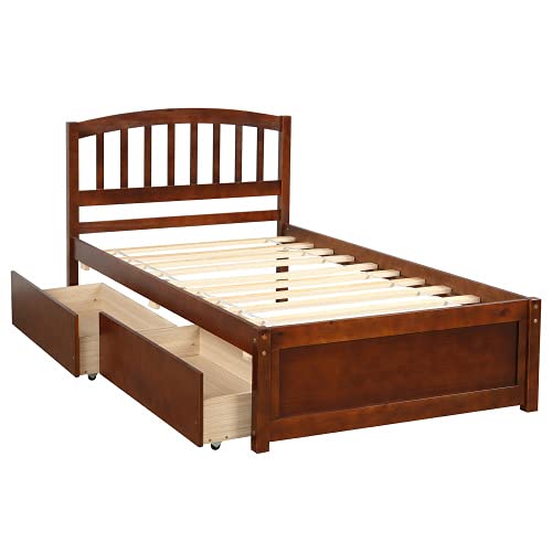 FUZOFUIZ Twin Platform Storage Bed Wooden Bed Frame with Two Drawers and Headboard (Walnut)