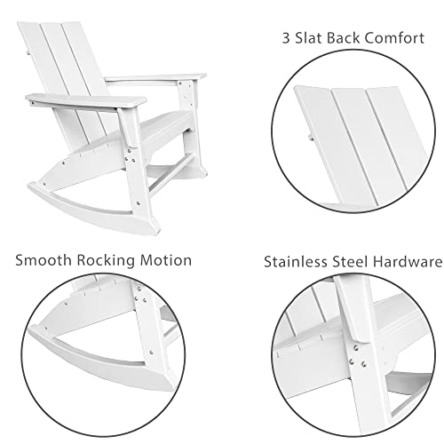 RESINTEAK Modern Adirondack Rocking Chair, All Weather Resistant, Ergonomic Design and Comfort, 20 Inch Wide Seat, up to 350 lb Big and Tall Porch Rockers for Backyards, Firepit, Deck (White)