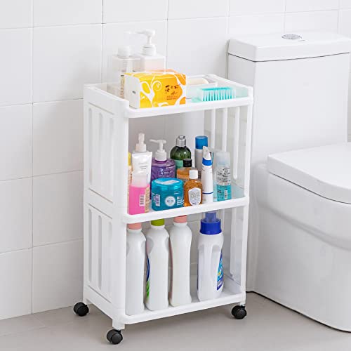 3-Tier Kitchen Storage Carts Bathroom Utility Storage Rolling Cart Durable Stable Organizer Cosmetics Laundry Dishwashing Detergent Organizers Easy Assembly for Office Plastic White Z0605