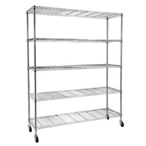 5-Shelf Shelving Storage Units on Wheels Heavy Duty Steel Shelf Wire Rolling Shelving Organizer Rack with Lockable Casters for Restaurant, Warehouse, Home, Organization (59.06" x 17.72" x 70.87")