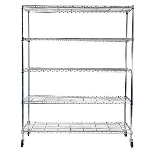 5-Shelf Shelving Storage Units on Wheels Heavy Duty Steel Shelf Wire Rolling Shelving Organizer Rack with Lockable Casters for Restaurant, Warehouse, Home, Organization (59.06" x 17.72" x 70.87")