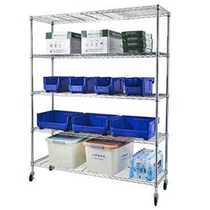 5-Shelf Shelving Storage Units on Wheels Heavy Duty Steel Shelf Wire Rolling Shelving Organizer Rack with Lockable Casters for Restaurant, Warehouse, Home, Organization (59.06" x 17.72" x 70.87")