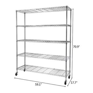 5-Shelf Shelving Storage Units on Wheels Heavy Duty Steel Shelf Wire Rolling Shelving Organizer Rack with Lockable Casters for Restaurant, Warehouse, Home, Organization (59.06" x 17.72" x 70.87")