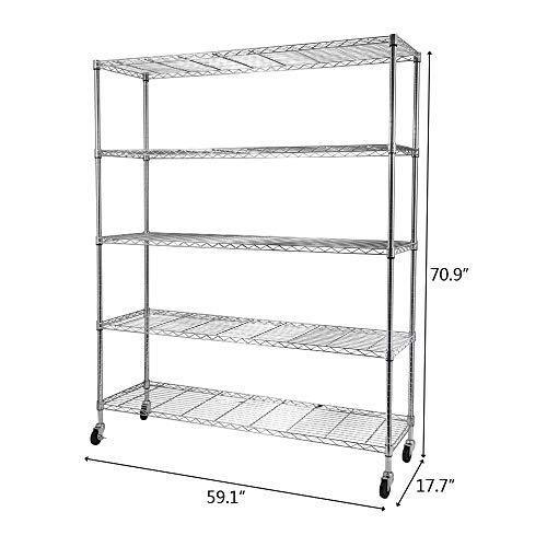 5-Shelf Shelving Storage Units on Wheels Heavy Duty Steel Shelf Wire Rolling Shelving Organizer Rack with Lockable Casters for Restaurant, Warehouse, Home, Organization (59.06" x 17.72" x 70.87")