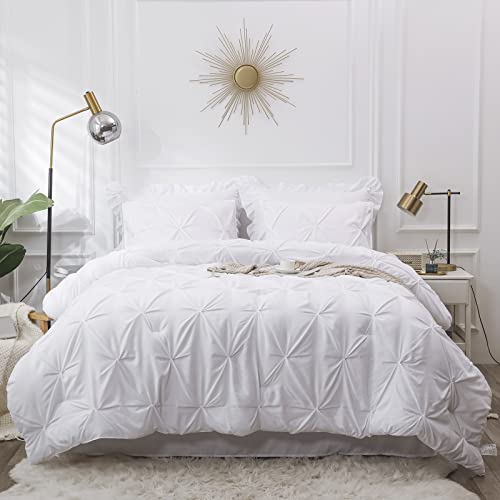 LUCKYBULL White King Comforter Set 8 Pieces Pintuck Bed in a Bag, Pinch Pleat Soft Textured Microfiber Bedding with Sheets, Skirt, Pillowcases & Shams for King Bed