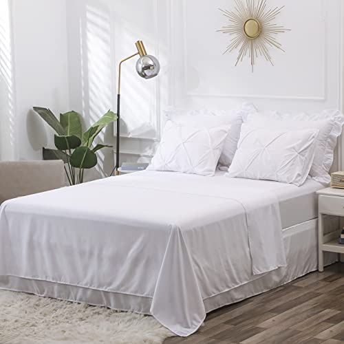 LUCKYBULL White King Comforter Set 8 Pieces Pintuck Bed in a Bag, Pinch Pleat Soft Textured Microfiber Bedding with Sheets, Skirt, Pillowcases & Shams for King Bed