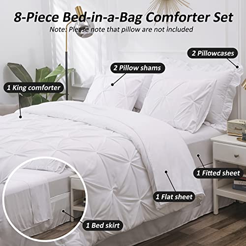 LUCKYBULL White King Comforter Set 8 Pieces Pintuck Bed in a Bag, Pinch Pleat Soft Textured Microfiber Bedding with Sheets, Skirt, Pillowcases & Shams for King Bed