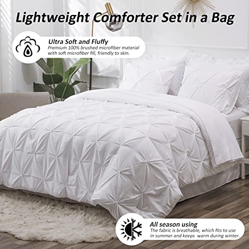 LUCKYBULL White King Comforter Set 8 Pieces Pintuck Bed in a Bag, Pinch Pleat Soft Textured Microfiber Bedding with Sheets, Skirt, Pillowcases & Shams for King Bed