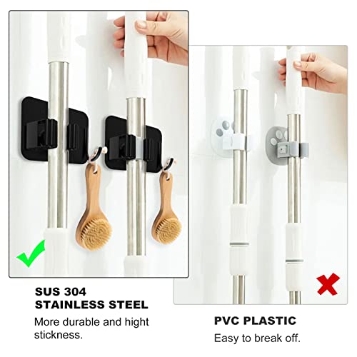 Drek Crek Mop Broom Holder Wall Mounted Heavy Duty No Drill, Adhesive Mop Broom Organizer, 304 Stainless Steel Mop Hanger Wall Mount Stick on w Hooks for Bathroom,Kitchen,Closet,Garage,Garden, 4PCS