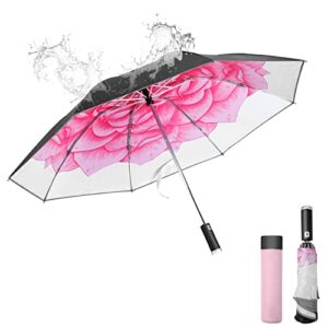 travel umbrella automatic open & close strong steel shaft led flashlight handle safety reflective frame compact folding reverse umbrella windproof and waterproof earth and flower print